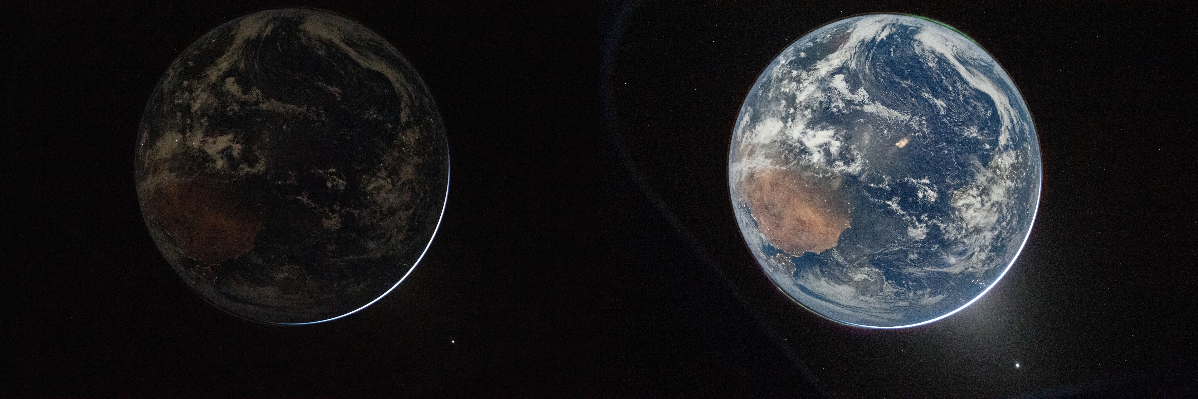 The two images of the earth at night next to each other. The one on the right is a lot brighter due to longer exposure